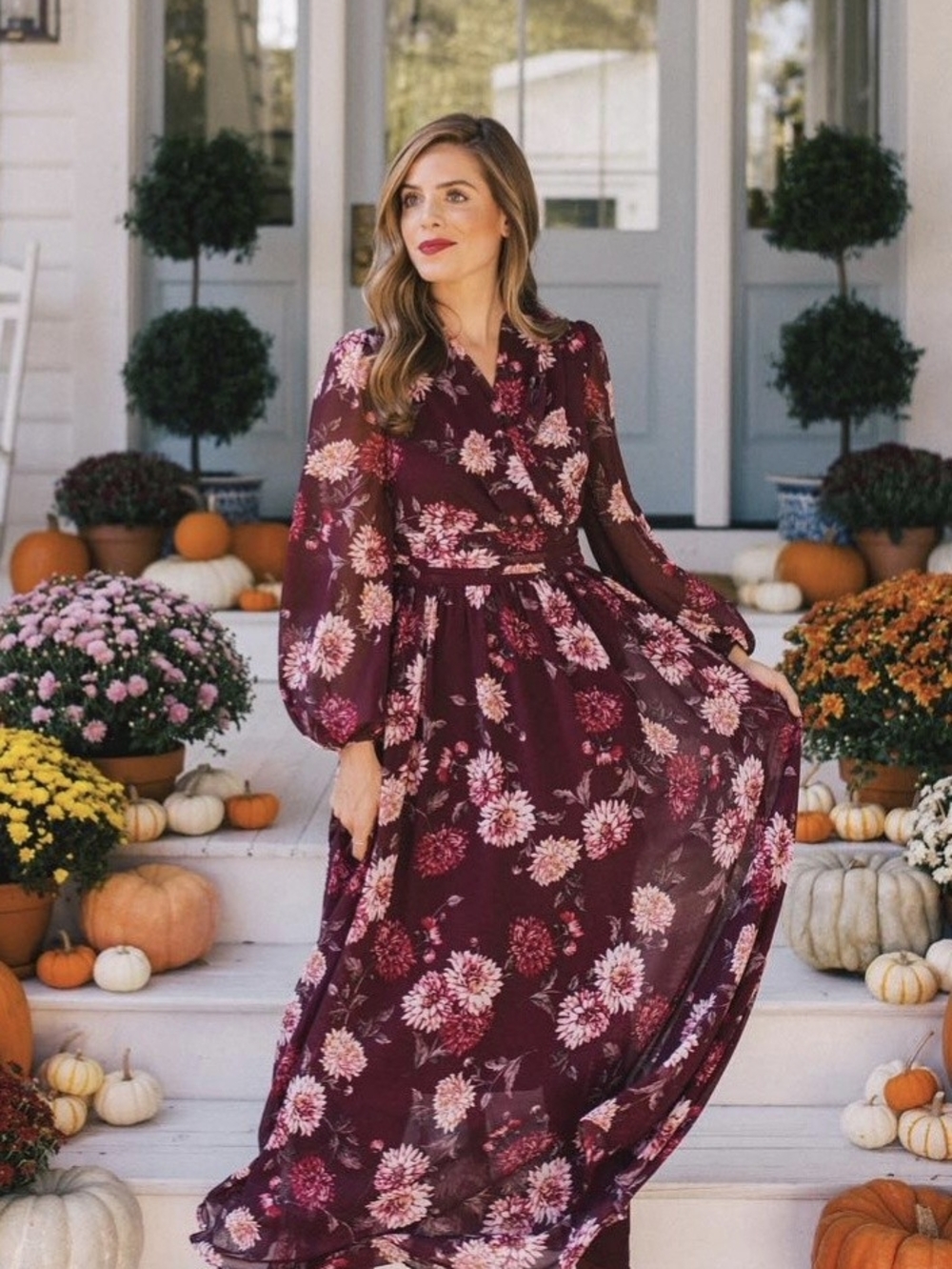 Gal Meets Glam Burgundy Floral Wrap Maxi Dress with Pink Blossoms